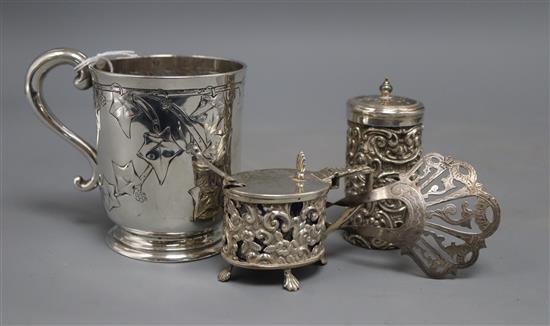 A Victorian silver christening mug, decorated with holly, Edward Ker Reid, London, 1864 and 3 other items.